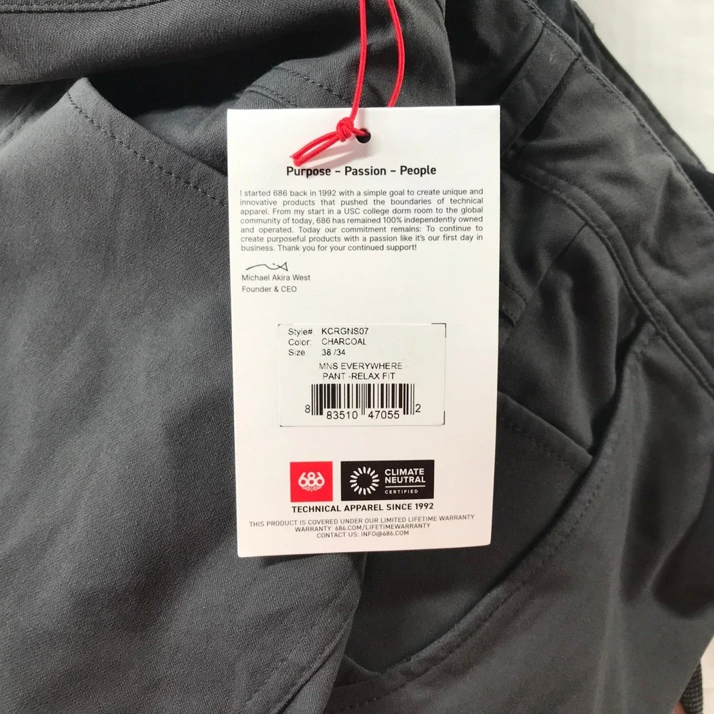 686 Everywhere Pant Relaxed Fit Charcoal Grey Mens 38x34 New NWT KCRGNS07